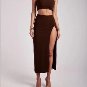 Meshki Chocolate Pencil Skirt with High Slit